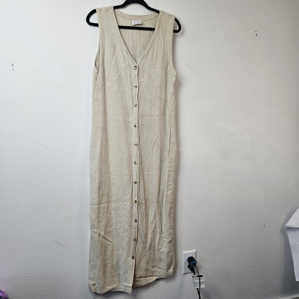 Cut Loose Flax Blend Sleeveless Beige Button-Down Maxi Dress Small Lagenlook